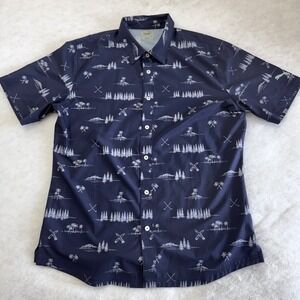 Puma Golf Mens Navy Blue Palm Tree Pine Forest Print Button Down Shirt 579313-01